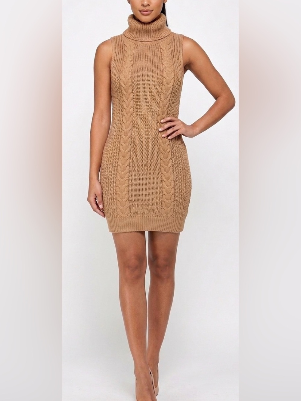 Almost Famous Camel Cable Knit Sleeveless Turtleneck Dress